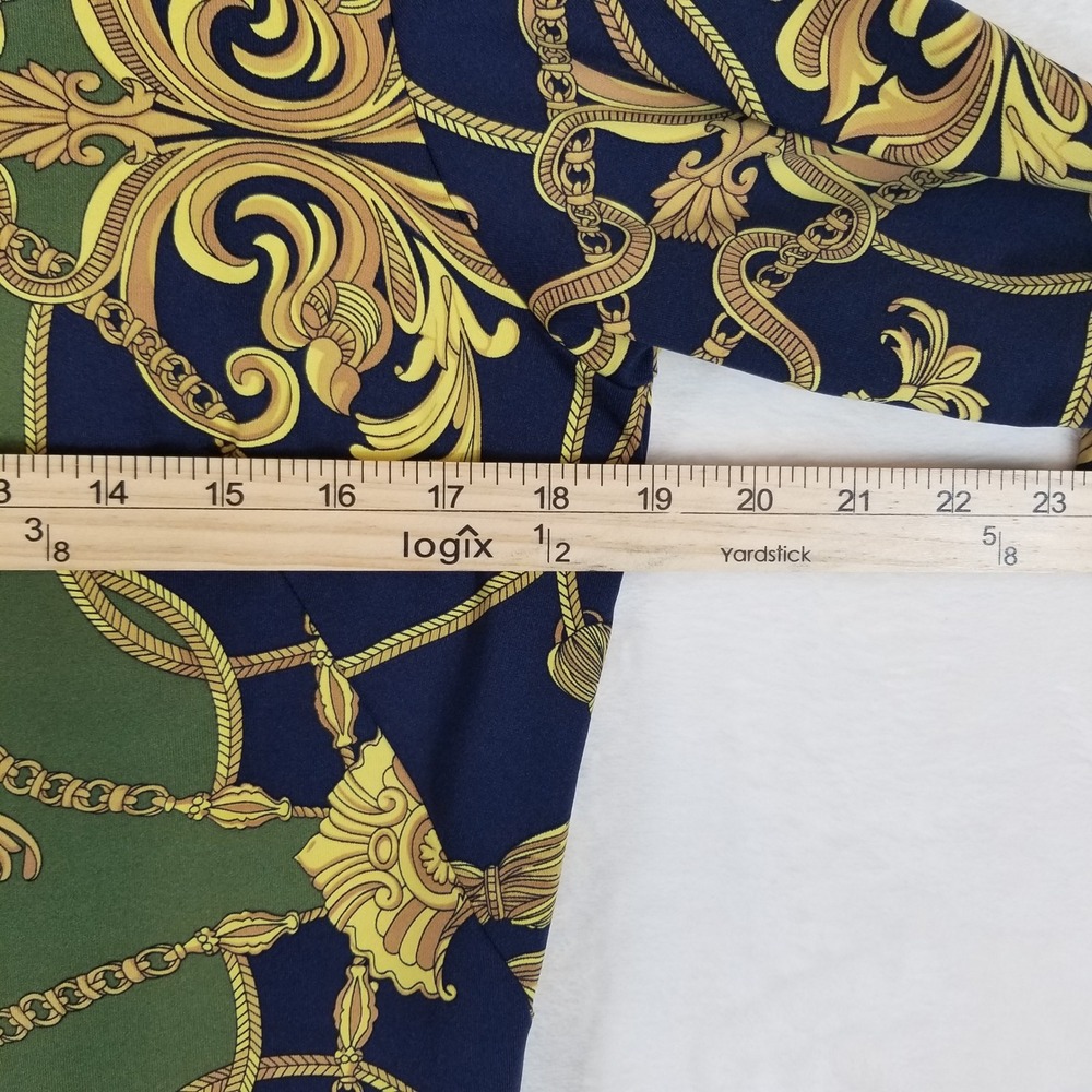 J.McLaughlin Sheath Dress Women Sz L Green Navy Gold Baroque Chain Print 3/4 Slv - Picture 5 of 7
